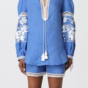 Ermanno Scervino Blue Embroidered Women's Linen Top